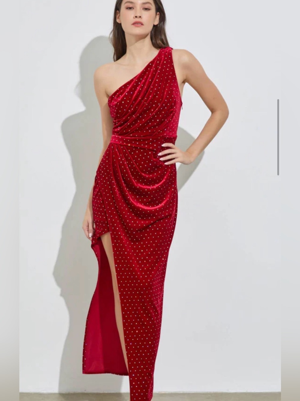 DO+BE One-Shoulder Red Velvet Draped Evening Gown with Crystal Studs